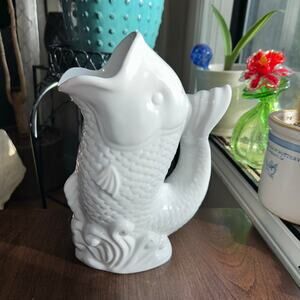 Vintage Boston Warehouse Fish Glass Glug Jug White Porcelain Pitcher